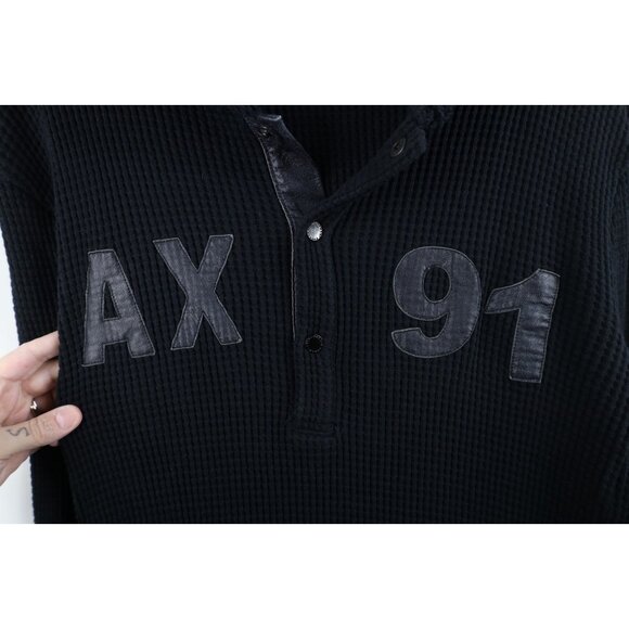 Armani Exchange Mens Large Spell Out Leather Trim Thermal Waffle Knit Hoodie - Picture 4 of 13